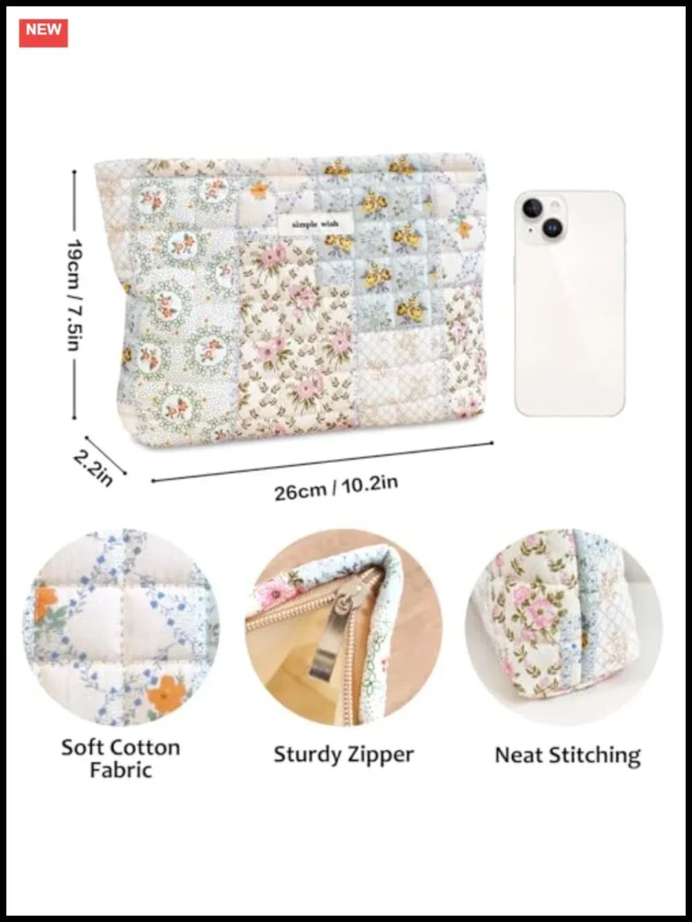 Quilted Cotton Makeup Bag Travel Toiletry Zipper Pouch Purse Organizer